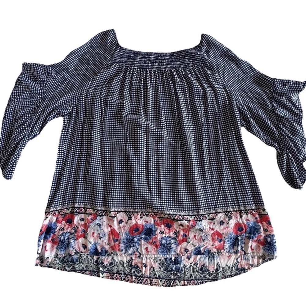 Terra & Sky Blouse Womens 1X Gingham Floral Smocked Cold Shoulder Tunic Top Boho